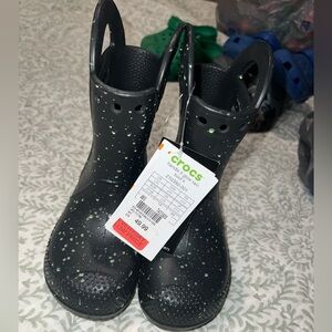 CROCS Kids Black Rain Boots with Green Dots